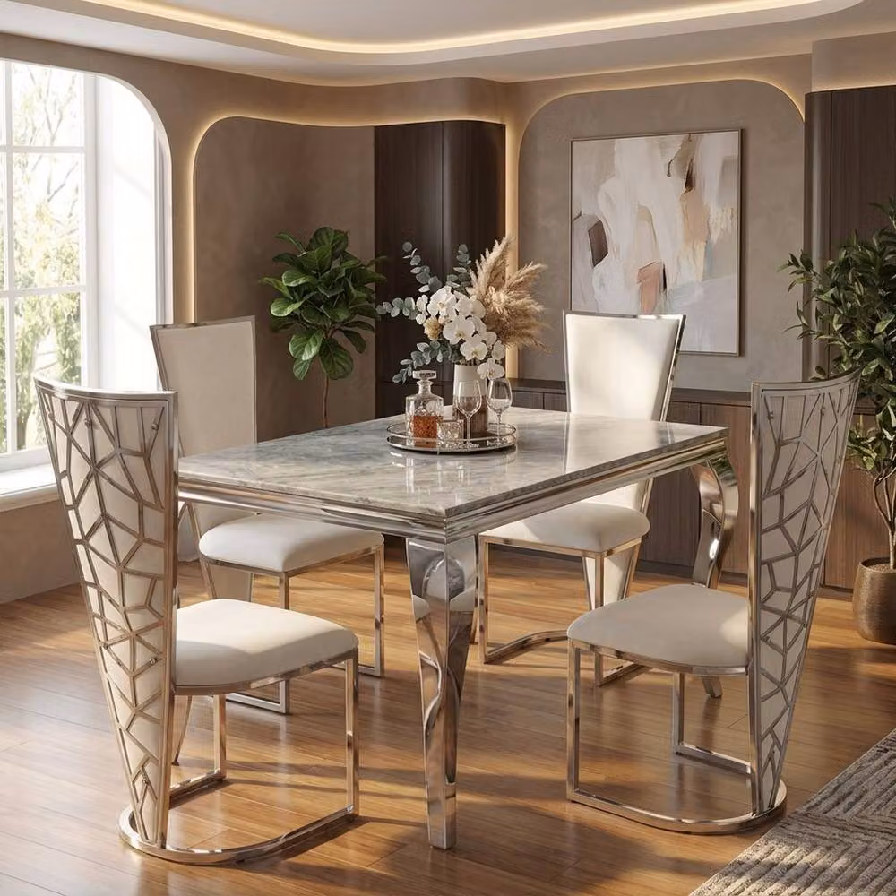 Home Luxe Interior Grey Marble Dining Table and 4 Vienna Cream Silver Chairs Set – 5