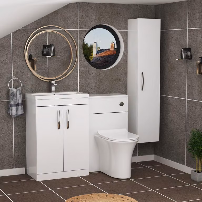 Royal Bathrooms Gloss White 2 Door Vanity Unit Pack with Mid Edge Basin and Slim Breeze Back to Wall Toilet, Width: 110 cm