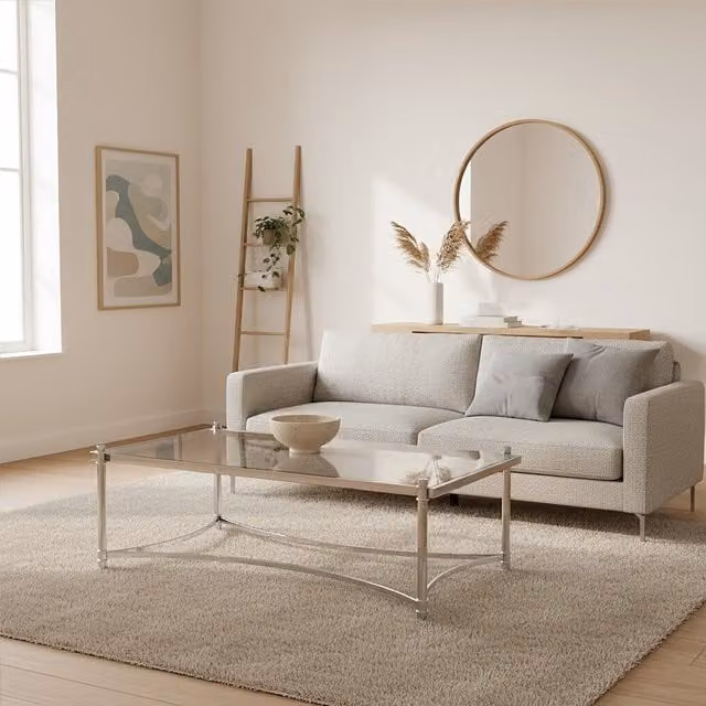 Orsina Art Deco Rectangular Coffee Table with Silver Metal Frame and Transparent Glass Top, W/D/H: 130 x 70 x 45 cm