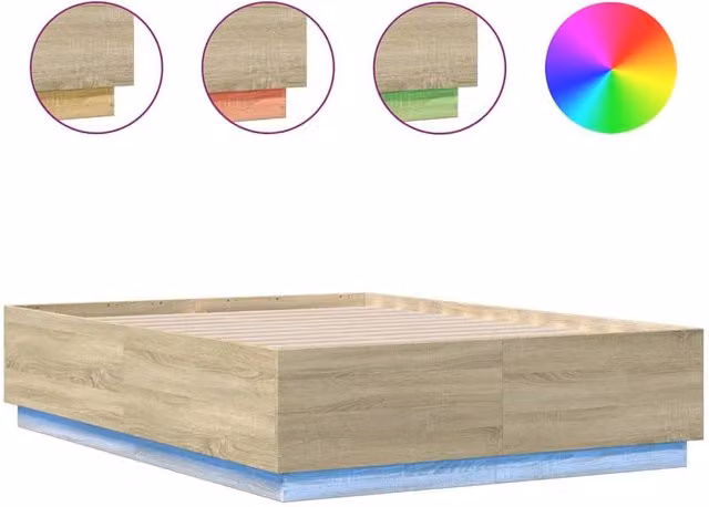 Berkfield Home Double Bed Frame with LED Under-Bed Lighting and USB Charging Port in Sonoma Oak and Beige, W: 135 cm, L: 190 cm – 1