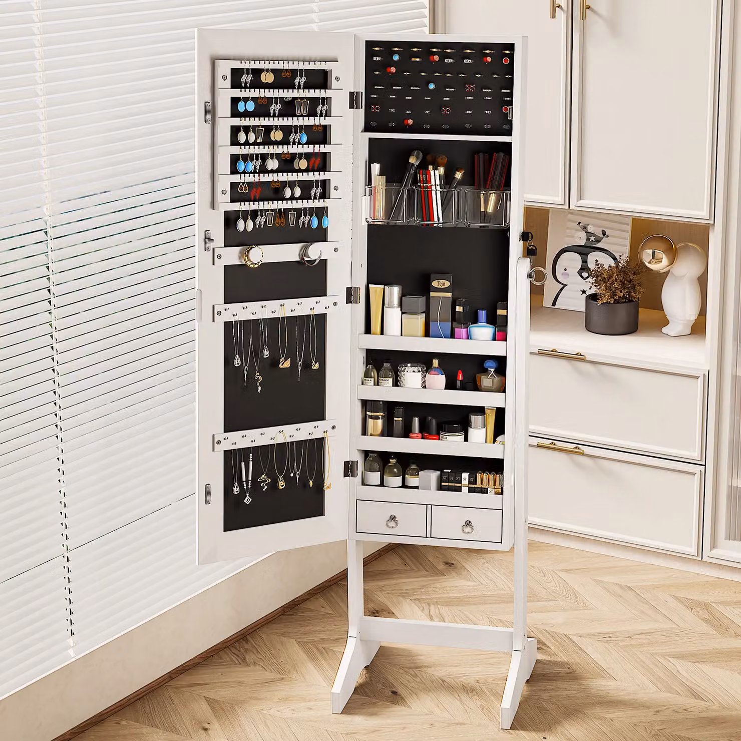 Dprodo Standing Jewelry Armoire Cabinet with Full Length Mirror in White – 4