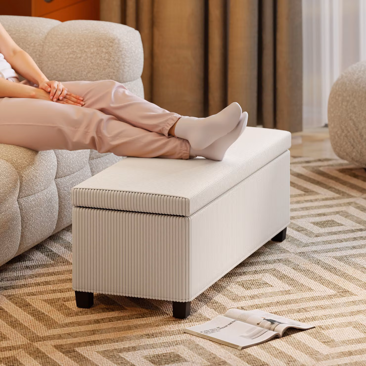 HOMCOM Corduroy Storage Ottoman Bench in Beige with Removable Lid and Metal Legs, W/D/H: 112 x 40 x 40 cm – 4