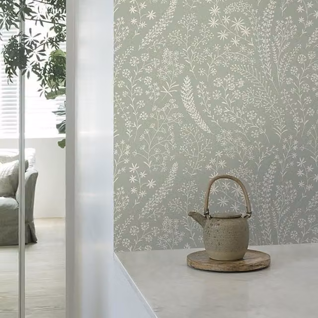 Grandeco Astrid Trail Botanical Floral Wallpaper in Green and Grey