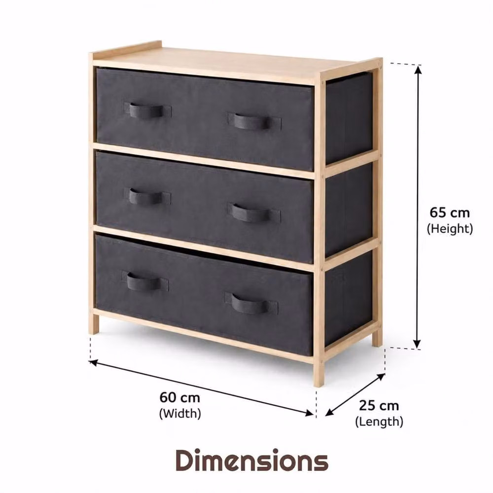 VOGREX 3 Drawer Grey Canvas Storage Unit with Pine Wood Frame – 2