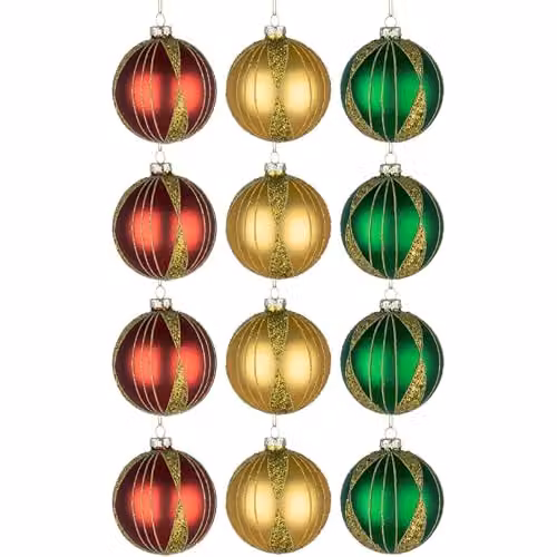 Shatchi 12-Piece Set of Red, Gold, Green and Multicolour Glass Christmas Baubles, 8 cm Round Hanging Ornaments – 1