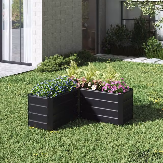 Breeins L-Shaped Galvanised Steel Raised Garden Bed in Matt Black, W/D/H: 114 x 114 x 45 cm