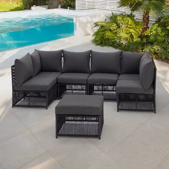 GRS Remi Modular Rope Style Garden Set in Black and Grey with Sofa and Coffee Table for 6 People