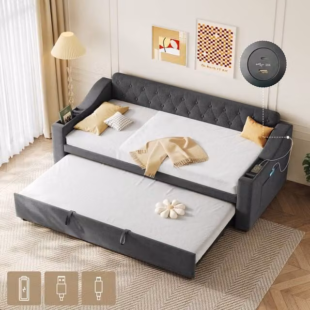 Matteo Grey Linen Upholstered 3ft Single Daybed with USB Charging Port, Side Compartments and Trundle, W/D/H: 90 x 190 cm – 1