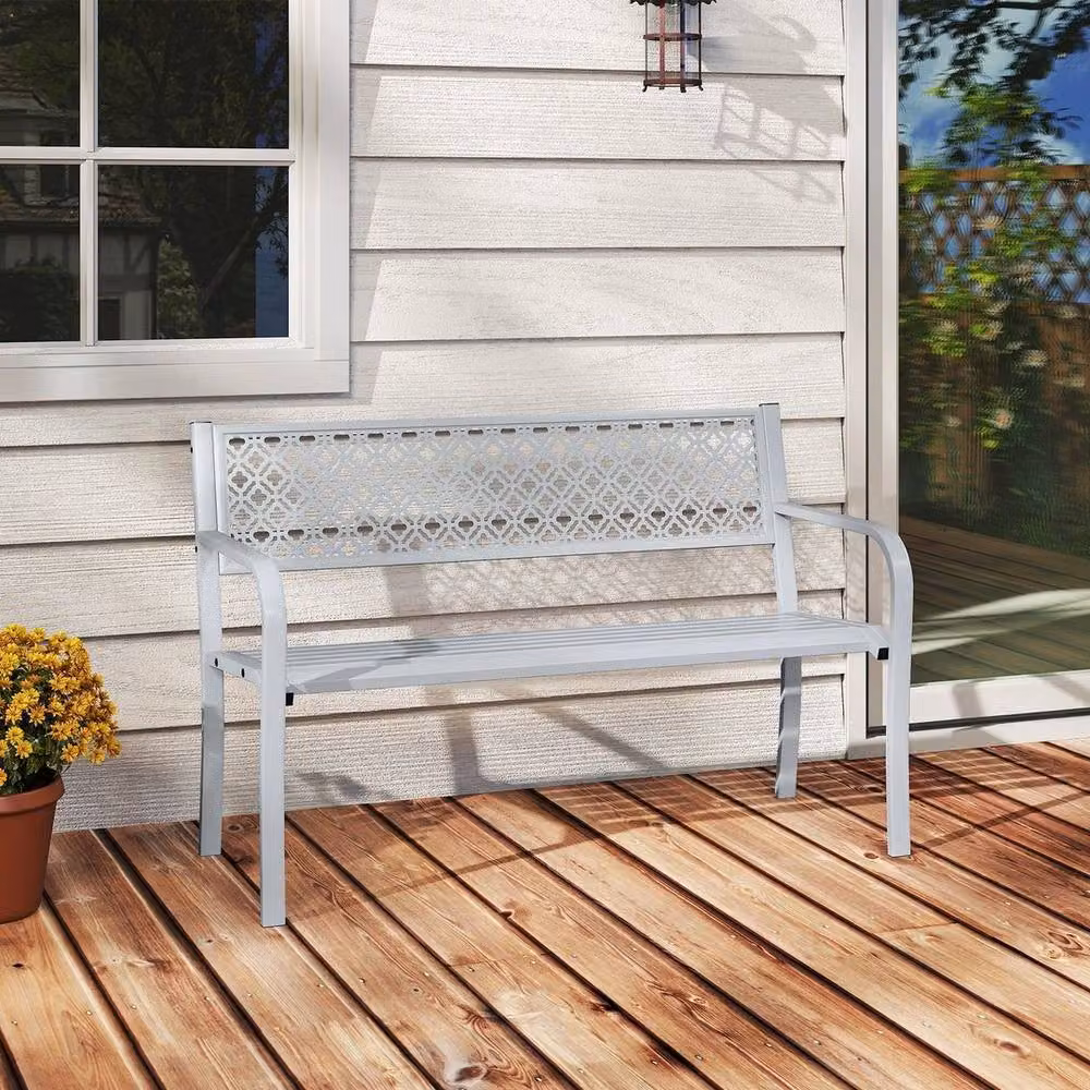 NESTLUNE Modern Grey Metal Outdoor Garden Bench with Slatted Seat, W: 100 cm, D: 15 cm, H: 127 cm – 3