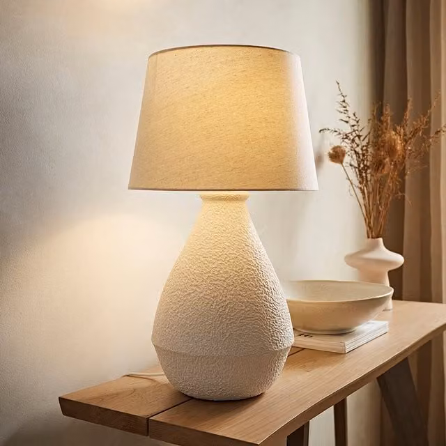 ValueLights Helena Large Speckled Ceramic Table Lamp with Fabric Shade and LED Bulb in Beige, White and Yellow