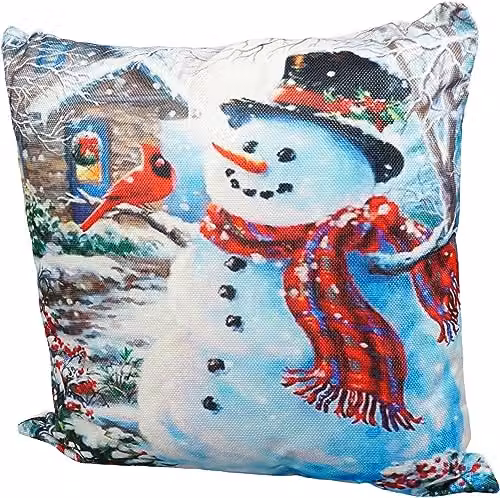 Netagon Snowman and Robin Christmas Themed Square Cushion in White, W/D/H: 45 x 45 x 45 cm