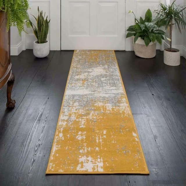The Rug House Yellow and Grey Distressed Abstract Modern Living Room Rug, W: 240 cm, D: 60 cm
