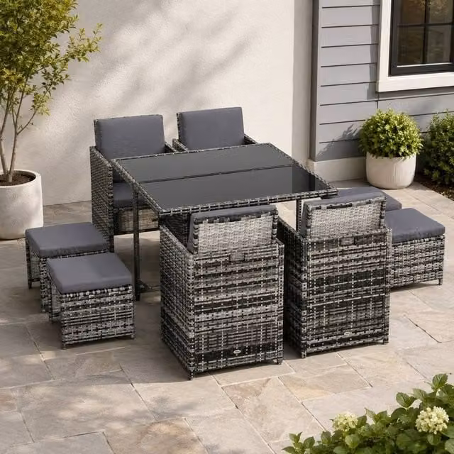 STILVORA 8-Seater Modern Grey Rattan Dining Set with Cushions – 1