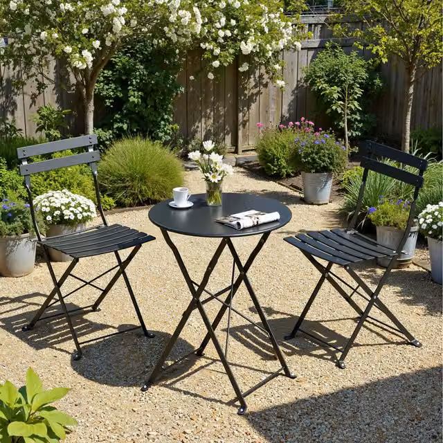 SONGMICS 3-Piece Folding Bistro Furniture Set with Round Table and Chairs in Black Matt Powder Coated Steel