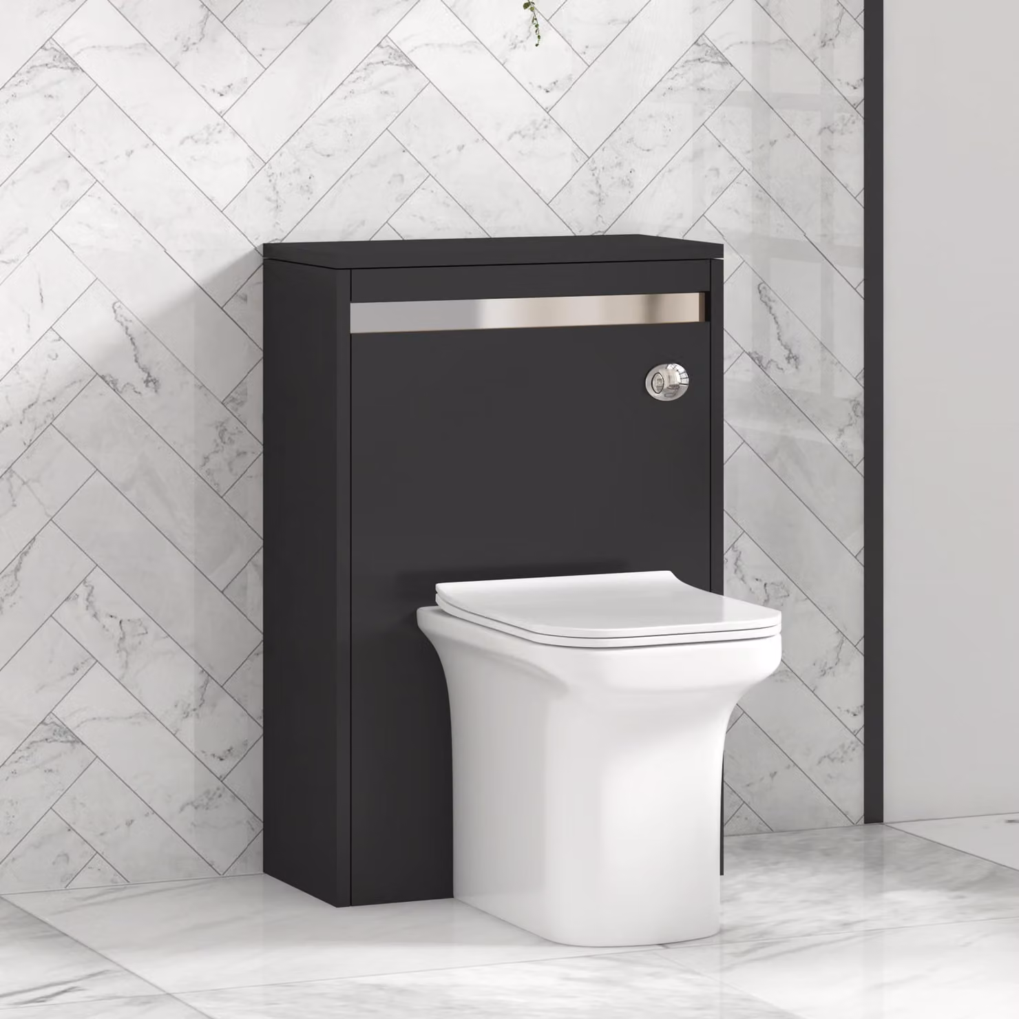 Royal Bathrooms Orion Matt Obsidian Black Back to Wall WC Unit with Crosby Rimless Ceramic Toilet Pan, Seat and Cistern, Width: 54 cm
