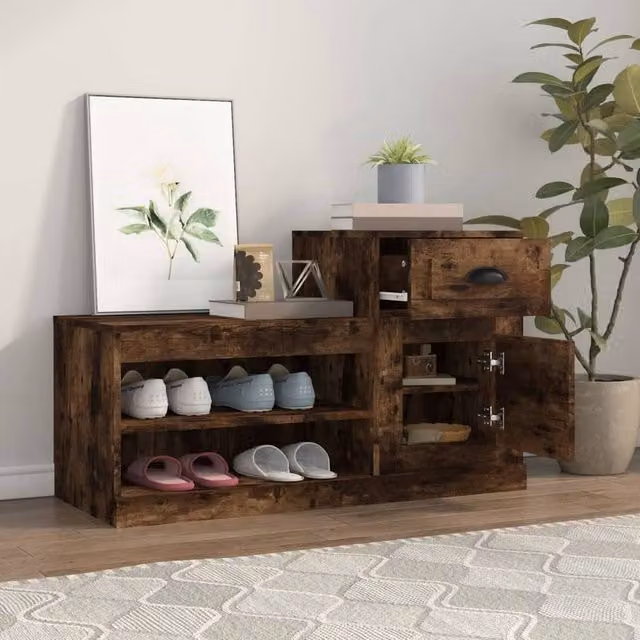 Berkfield Home Smoked Oak Shoe Cabinet in Brown, W/D/H: 100 x 42 x 60 cm – 1