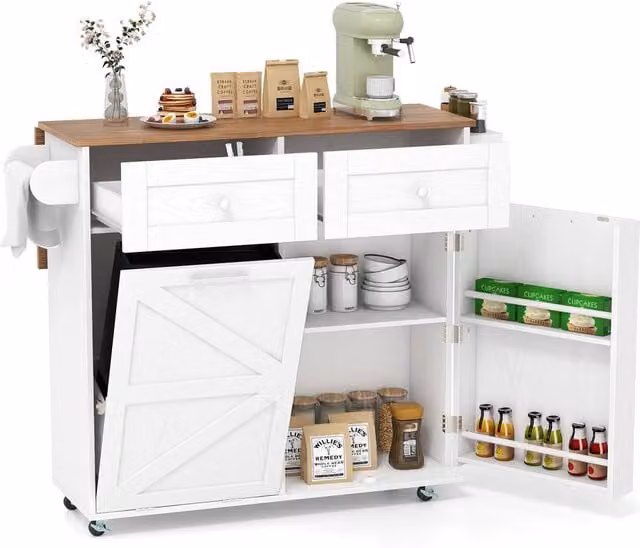 Costway Rolling Kitchen Island with Drop Leaf and 2 Drawers in White