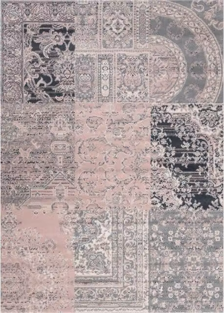 Kukoon Traditional Patchwork Living Area Rug in Pink and Grey, W: 160 cm, L: 230 cm