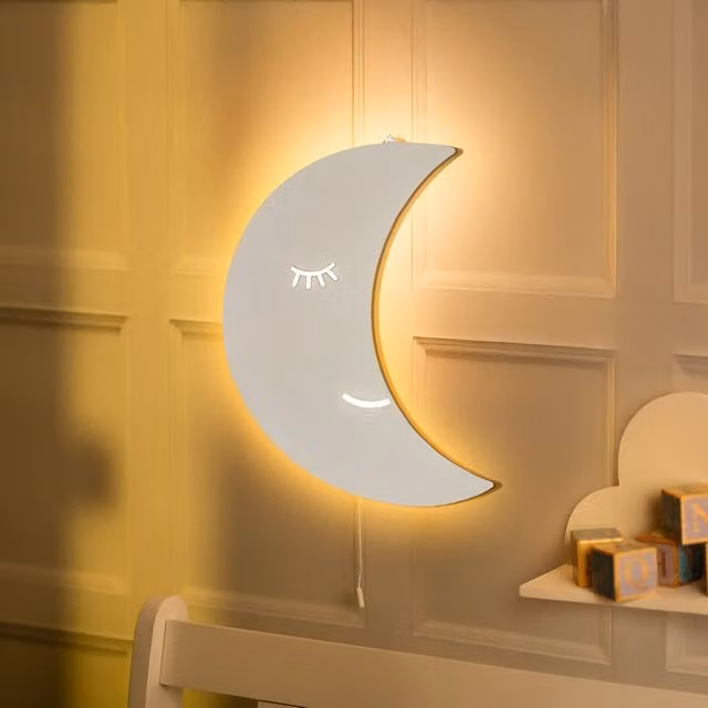 Marco Paul White Wooden Moon Night Light Wall Lamp for Childrens Bedrooms and Nurseries