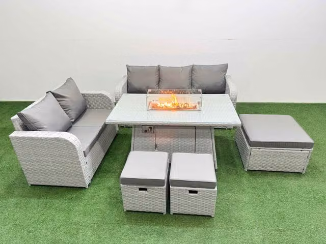 Fimous 8 Seater PE Rattan Wicker Garden Furniture Set in Light Grey with Firepit Dining Table, 3 Seater Sofa, Love Seat and 3 Stools