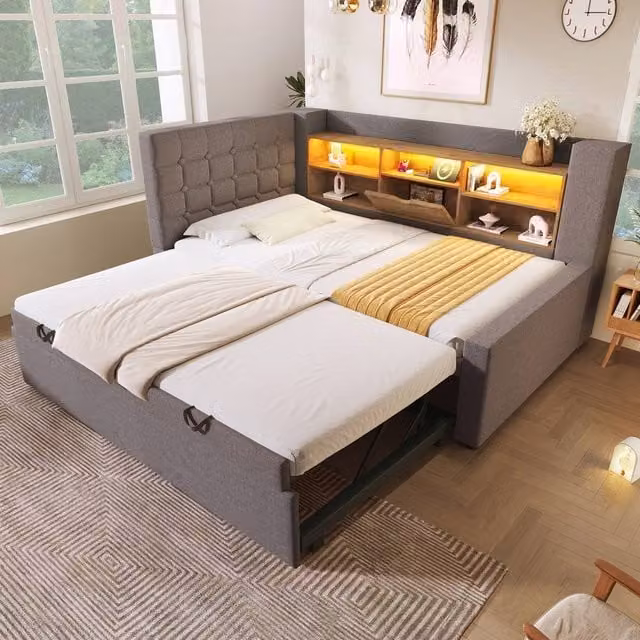 ModernLuxe Upholstered Single Daybed in Grey with Headboard Storage, Side Compartments and Pull Out Trundle Bed, W/D/H: 90 x 190 x 107 cm – 1