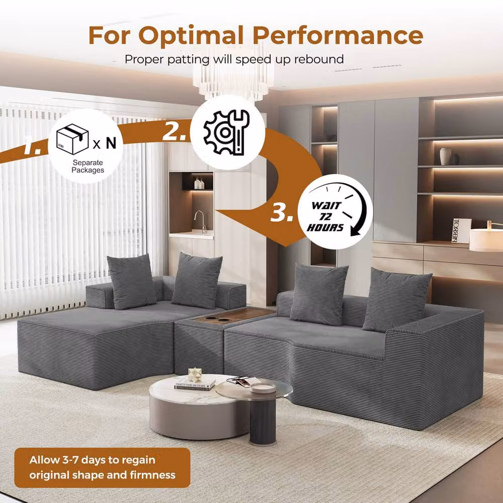 Dprodo Grey Corduroy Left L-Shaped Modular Sofa with Cup Holder Table and Scatter Cushions, 320 cm – 4