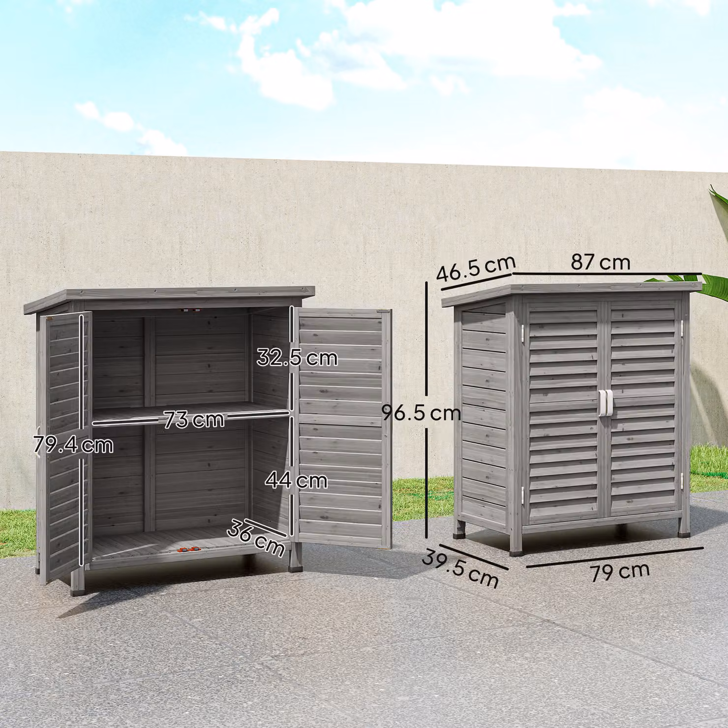 Outsunny Grey Wooden Garden Storage Shed with 2 Doors and Internal Shelves, W/D/H: 46.5 x 87 x 96.5 cm – 3