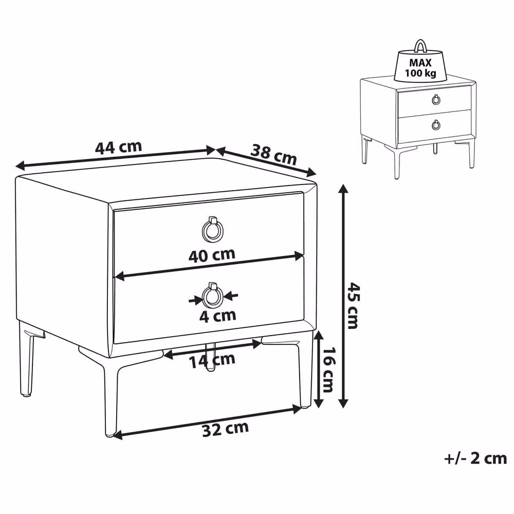 Wyld and Coco Black PU Leather Two Drawer Bedside Table, W: 44 cm, D: 38 cm, H: 44 cm – 3