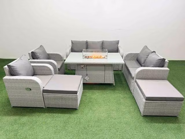 Fimous PE Rattan Garden Furniture Set in Light Grey with Reclining Chairs, Double Love Seat, Firepit Dining Table and 2 Footstools