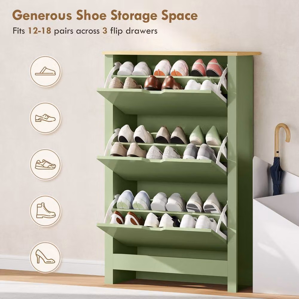 STILVORA Modern Green Shoe Cabinet with 3 Flip Drawers and Internal Shelves – 4
