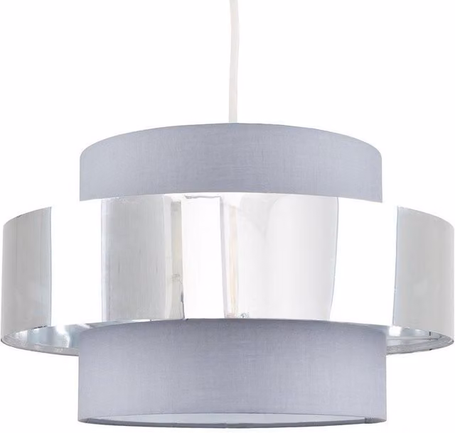 MiniSun Modern Cylinder Ceiling Pendant Light Shade in Grey and Chrome Effect Finish, Width: 34 cm