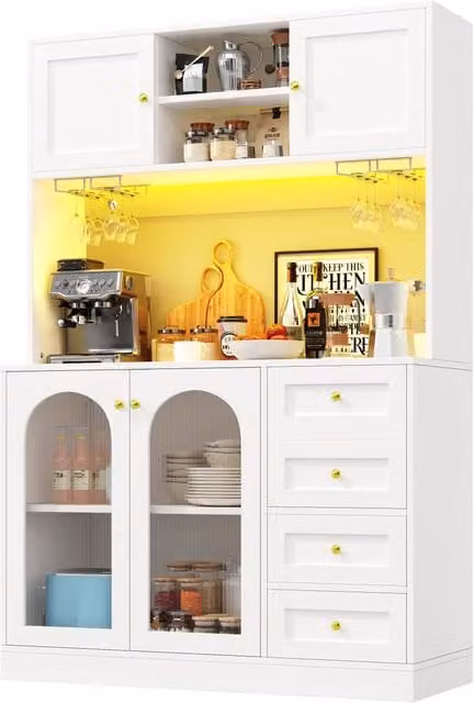 Merax White Kitchen Dresser with Integrated LED Lighting, Glass Doors, Wine Glass Holder and Drawers, W/D/H: 120 x 40 x 188 cm