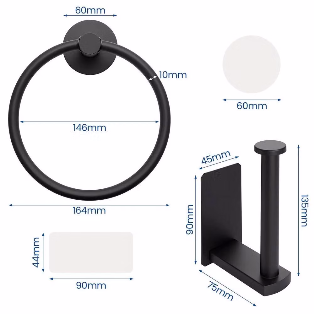 Kelvenix Black Stainless Steel Self-Adhesive Toilet Paper Holder and Hand Towel Ring Set – 2