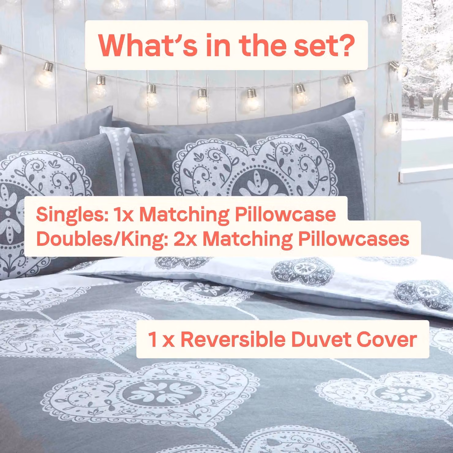 Rapport Home Scandi Christmas Hearts Reversible Flannelette Cotton Duvet Cover and Pillowcase Set, Grey and Red, W/D/H: 135 x 200 cm, Pillowcase: 50 x 75 cm – 2