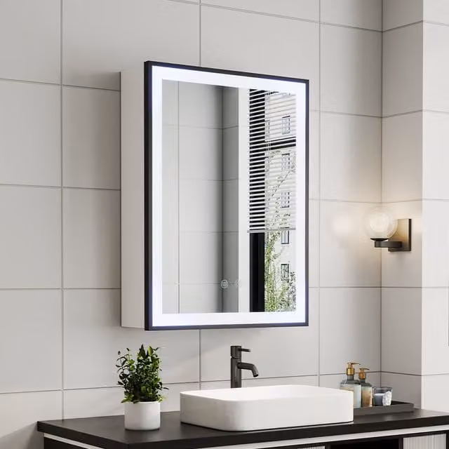 Livingandhome Fog-Free LED Mirror Cabinet with Shaver Socket and Sensor Switch, White and Black