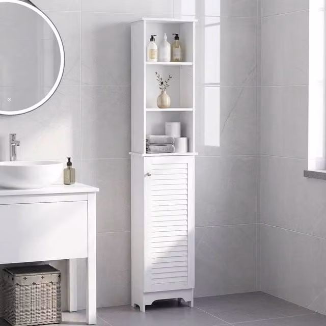 STILVORA Freestanding White Bathroom Cabinet with Roll Shutter, LED Lighting and Internal Shelves, H 165.0 x W 34.0 cm – 1