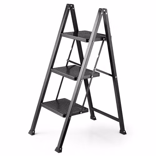 VonHaus Slim 3 Step Steel Ladder in Black with Anti-Slip Rubber Feet and 150kg Capacity – 1