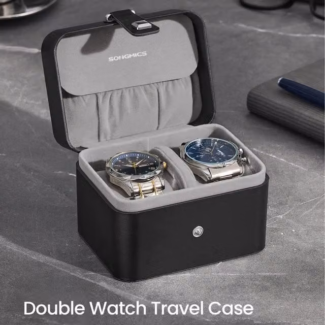 SONGMICS 2-Slot Watch Travel Case in Black and Grey
