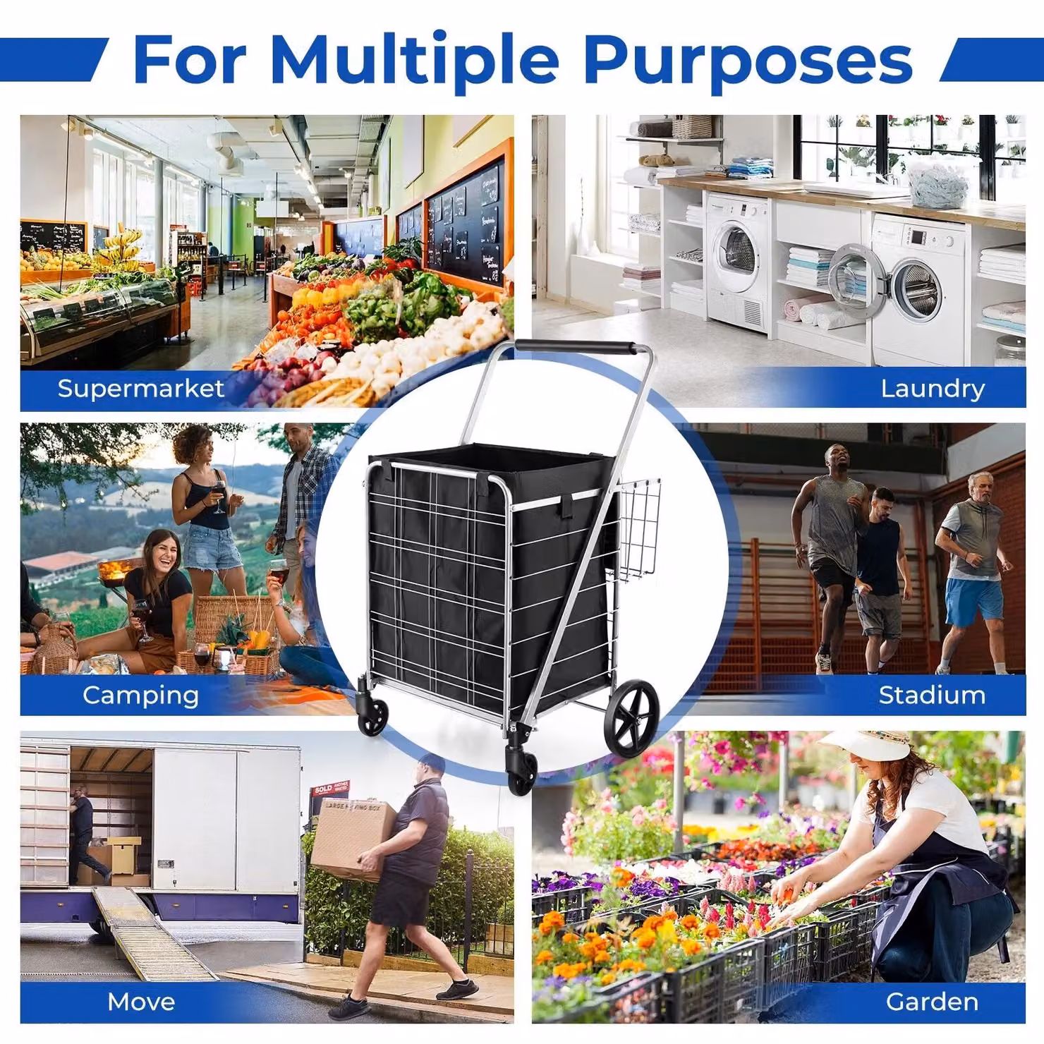 Costway Folding Shopping Cart, Portable Utility Grocery Cart with 126L Capacity and 150kg Load, Black – 5