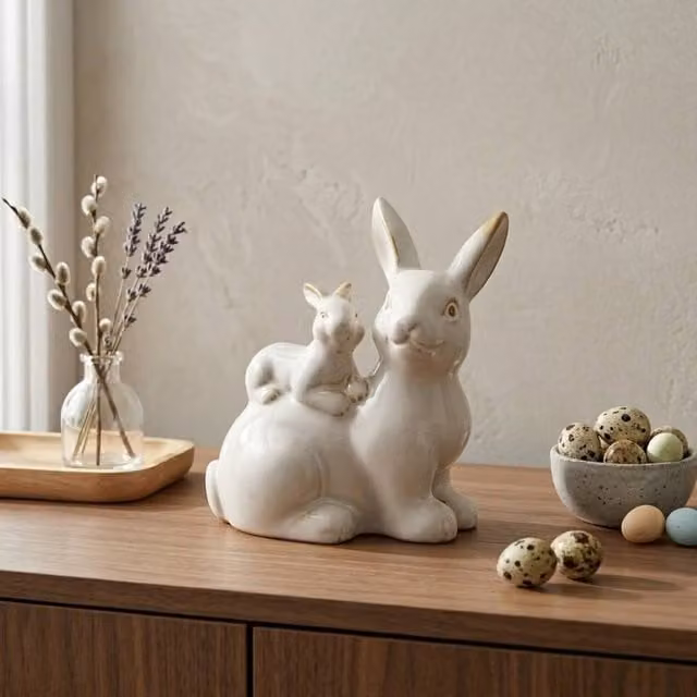 Garden Greatness Springtime Glazed Bunny Baby Ceramic Ornament in White and Multicolour