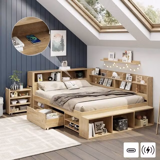 Matteo Children's Double Bed with Drawers and Bedside Shelf in Sand/Beige, W/D/H: 140 x 200 cm