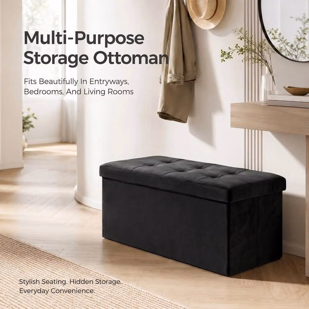KORVIXA Black Velvet Storage Ottoman Bench Footstool W/D/H: 100 x 100 x 76 cm – 3