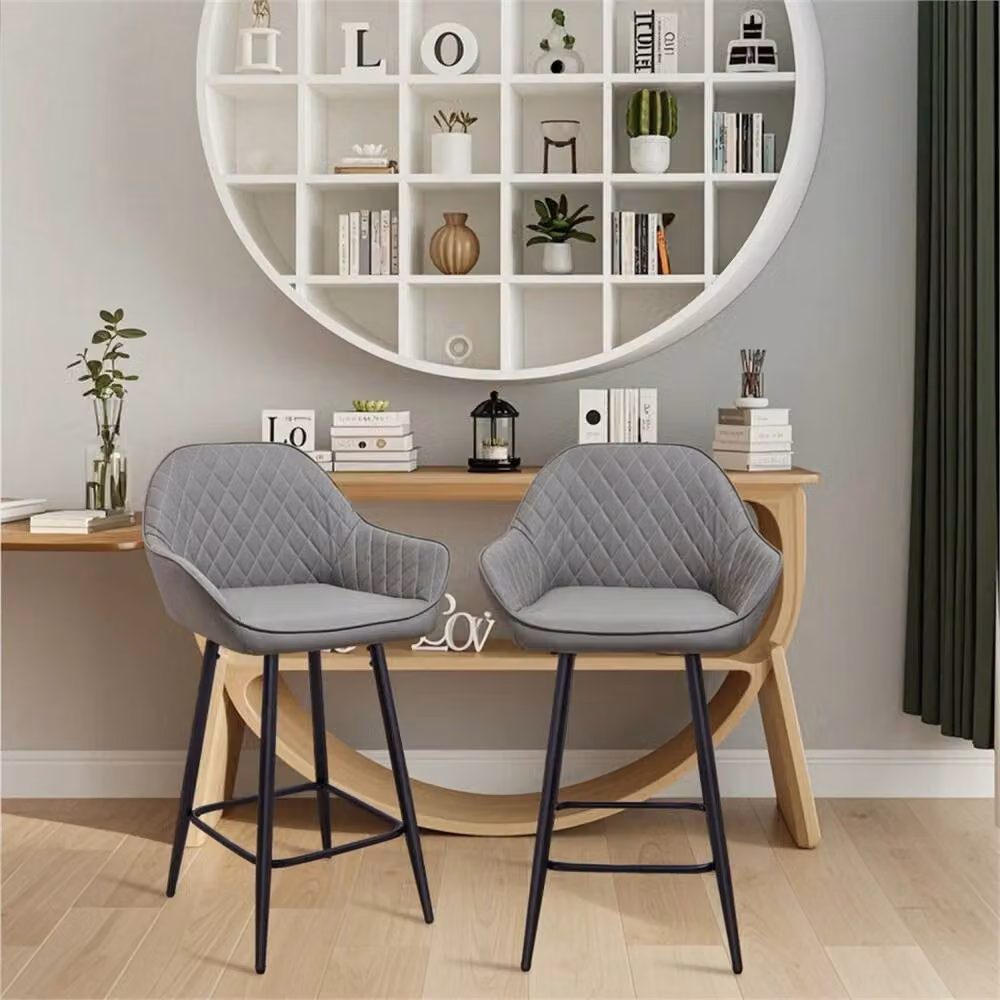 SPETLEK Set of 2 Grey Synthetic Leather Bar Stools with Metal Legs – 5