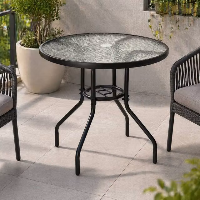 STILVORA Round Outdoor Table with Parasol Hole in Matt Black, Diameter: 80 cm – 1