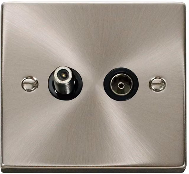 SE Home 1 Gang Satellite and Coaxial Flush Socket in Metallic Silver with Brushed Chrome Satin Finish