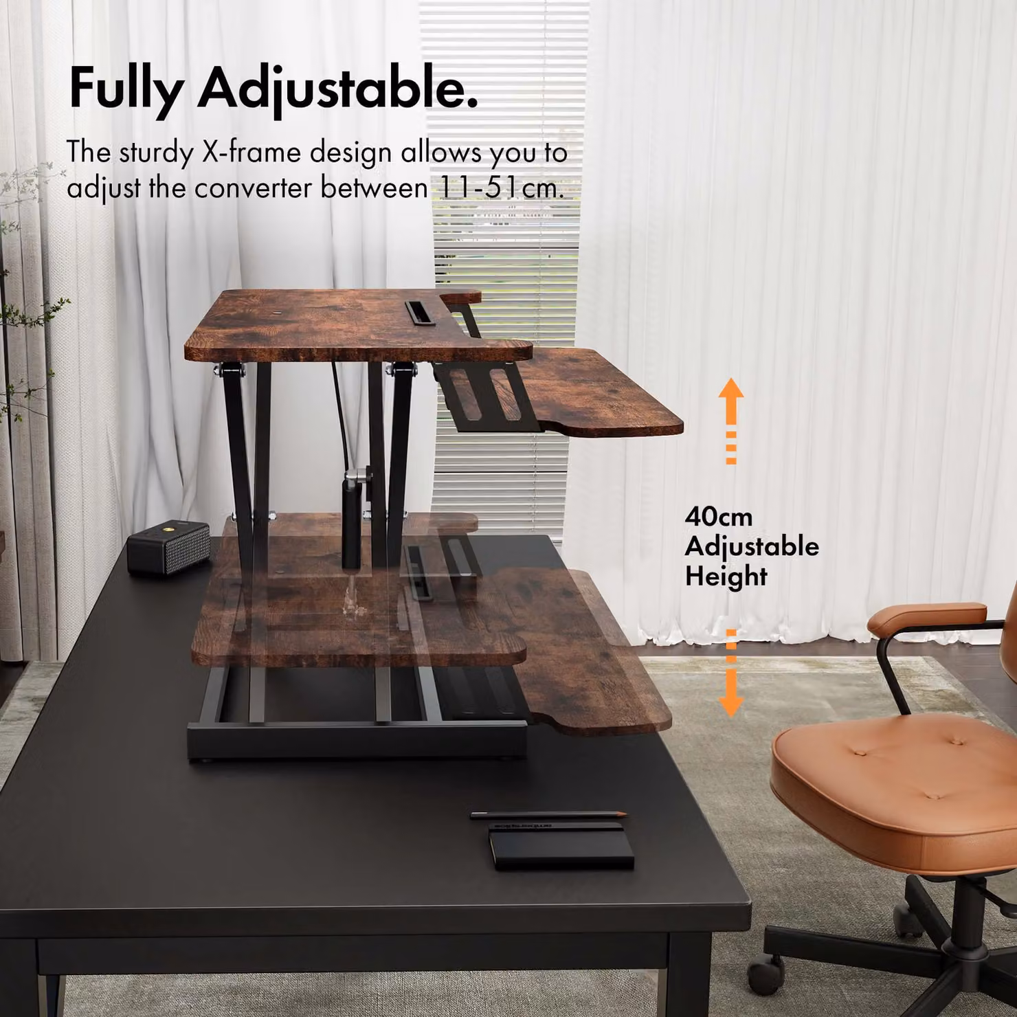 VonHaus Height Adjustable Standing Desk Converter with Keyboard Shelf in Dark Brown and Black – 3
