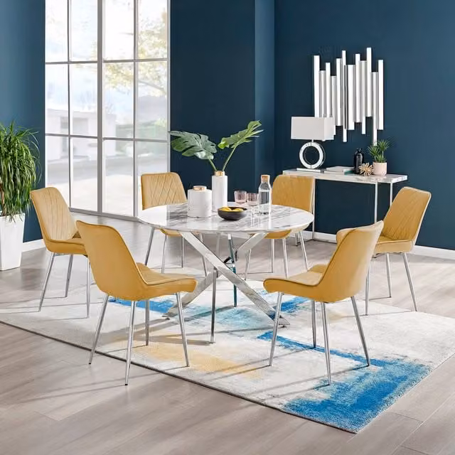 FurnitureboxUK Novara White Marble Effect Round Dining Table and 6 Pesaro Silver Chairs in Mustard