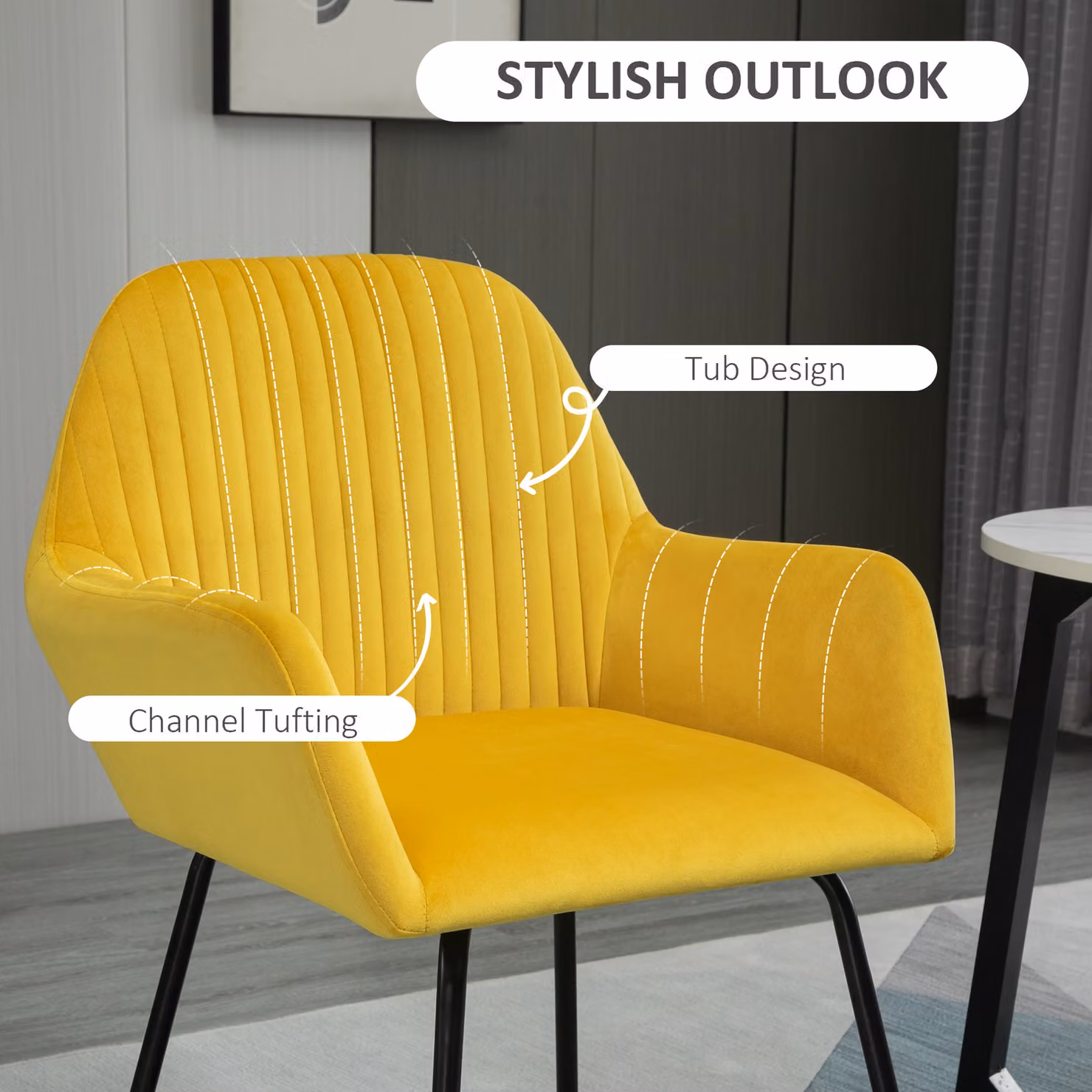 HOMCOM Modern Dining Set with Round Glass Table and 2 Accent Armchairs in Black and Yellow – 3