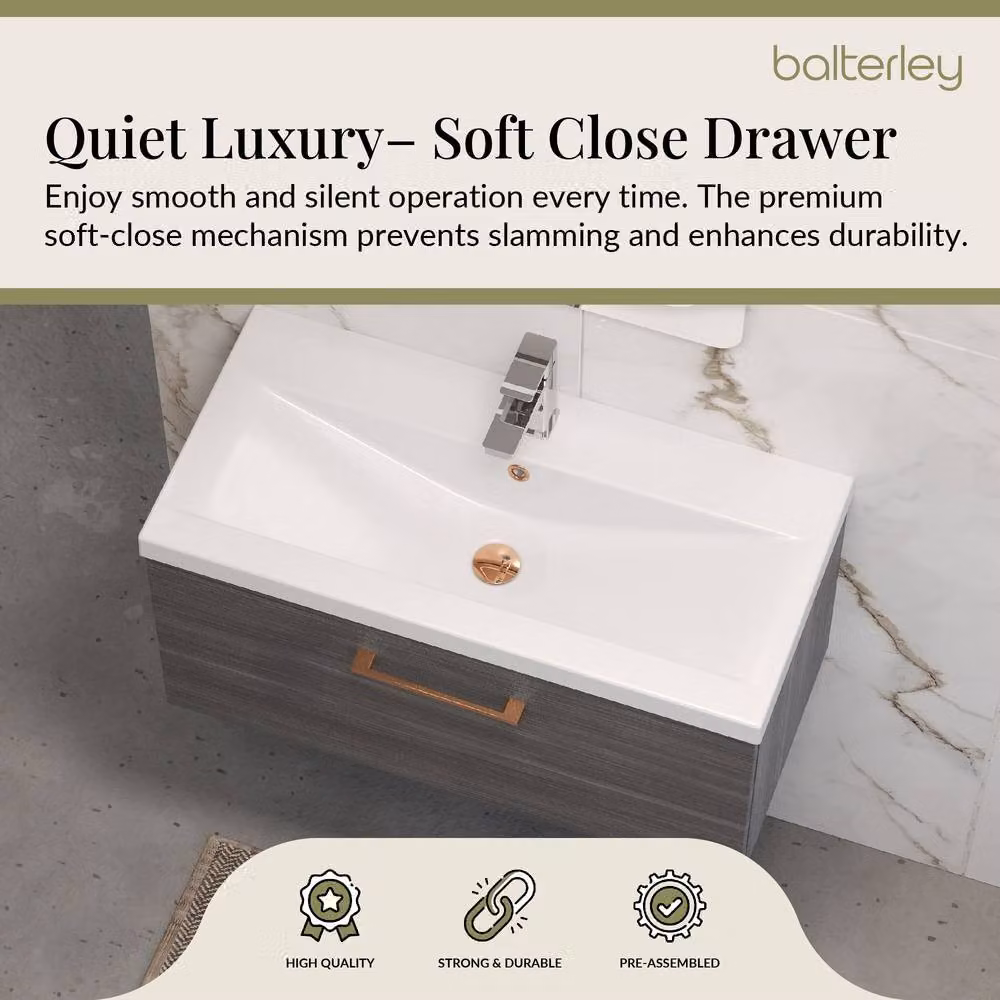 Balterley 800mm Wall Hung 1 Drawer Vanity in Woodgrain Anthracite Grey with Copper Handle – 3