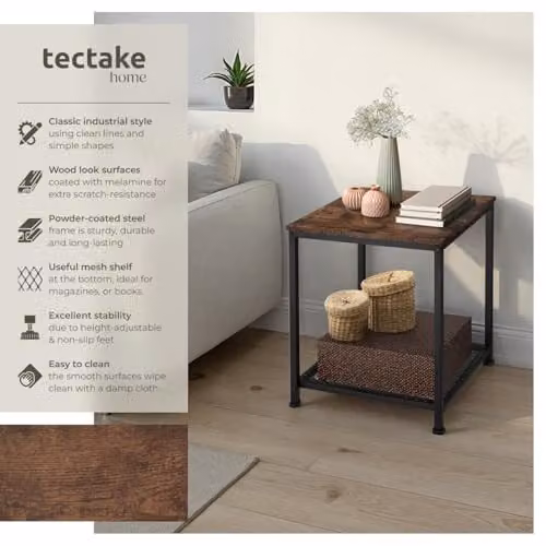 tectake Industrial 2-Tier Side Table with MDF Laminate Top and Metal Frame in Black and Brown, W/D/H: 45.5 x 45.5 x 55.5 cm – 3